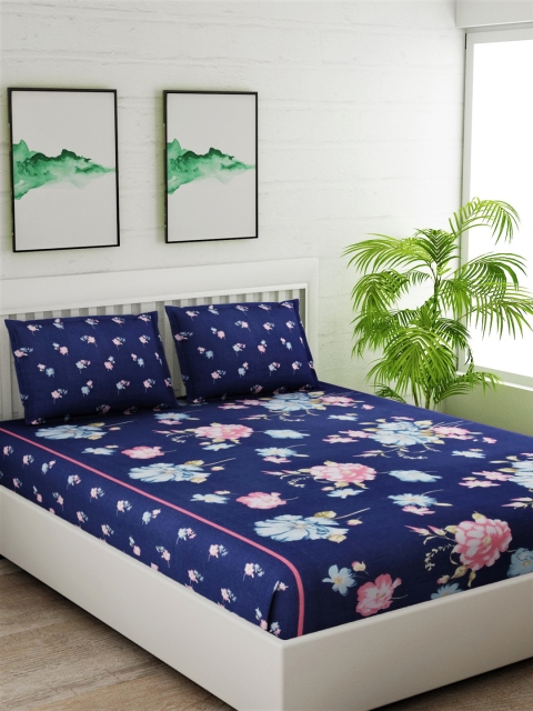 

Salona Bichona Blue & Pink Floral 144 TC Cotton 1 King Bedsheet with 2 Pillow Covers