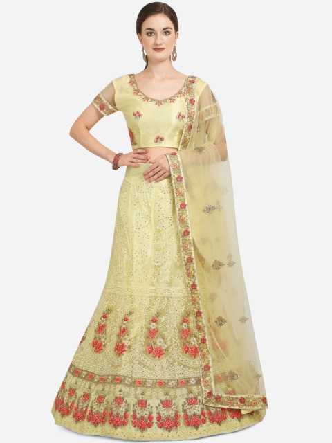 

Netram Yellow & Coral Embroidered Semi-Stitched Lehenga & Blouse with Dupatta