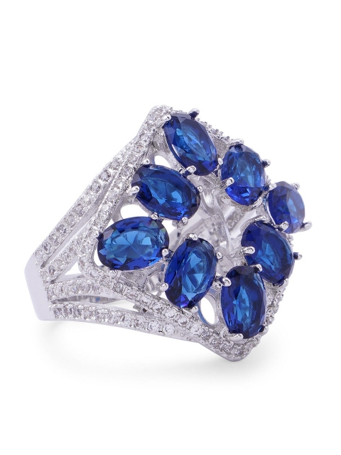 

shaze Silver-Plated Blue & White Sapphire Studded Finger Ring