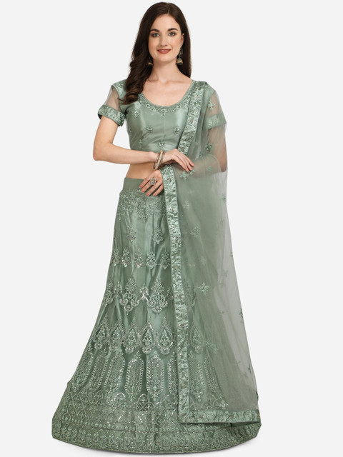 

Netram Lime Green & Silver-Toned Embroidered Unstitched Lehenga & Blouse with Dupatta