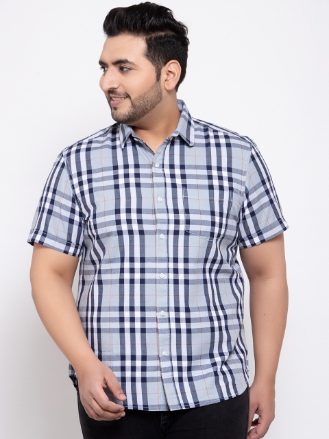 

plusS Men Grey & Navy Blue Regular Fit Checked Casual Shirt