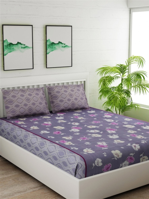 

Salona Bichona Purple & Off-White Floral 144 TC Cotton 1 King Bedsheet with 2 Pillow Covers