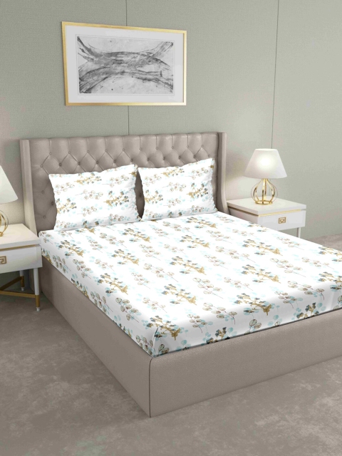 

BELLA CASA White & Green Floral 160 TC Cotton 1 King Bedsheet with 2 Pillow Covers