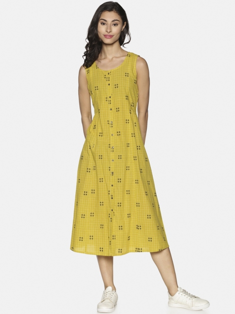 Saffron Threads Women Yellow Checked A-Line Dress