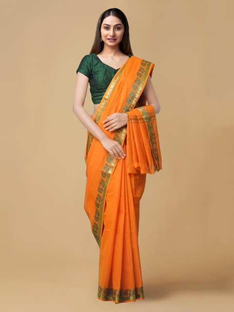 

Unnati Silks Orange Pure Cotton Solid Handloom Venkatgiri Saree