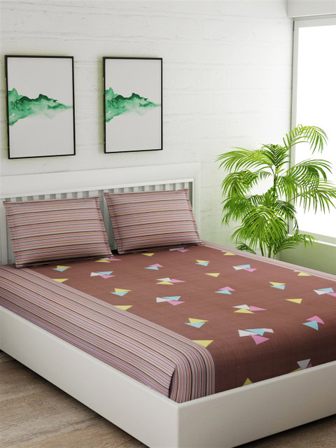 

Salona Bichona Brown & Pink Geometric 144 TC Cotton 1 King Bedsheet with 2 Pillow Covers