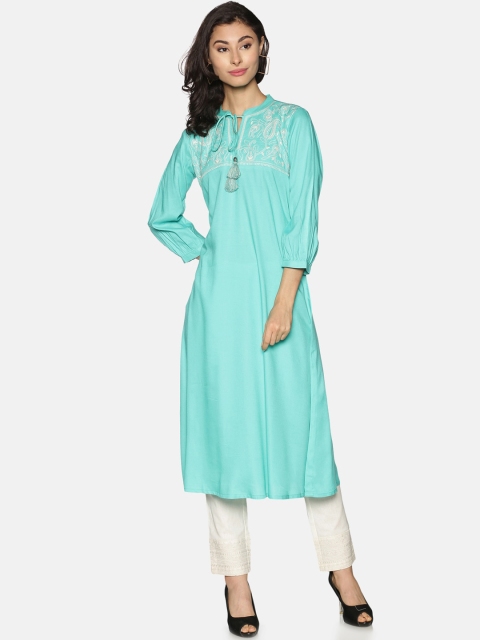

Saffron threads Women Turquoise Blue Yoke Design Kurta