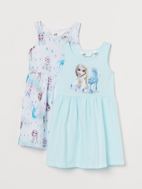 

H&M Girls White & Turquoise Blue 2-pack printed dresses