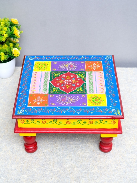 

Golden Peacock Blue & Yellow Hand Painted Handcrafted Square Pooja Chowki