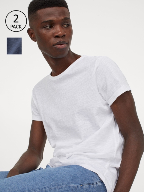 

H&M Men Pack of 2 White & Blue Cotton Slub Jersey T-Shirts