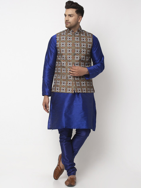 

Benstoke Men Navy Blue & Olive Brown Solid Kurta with Churidar & Nehru Jacket
