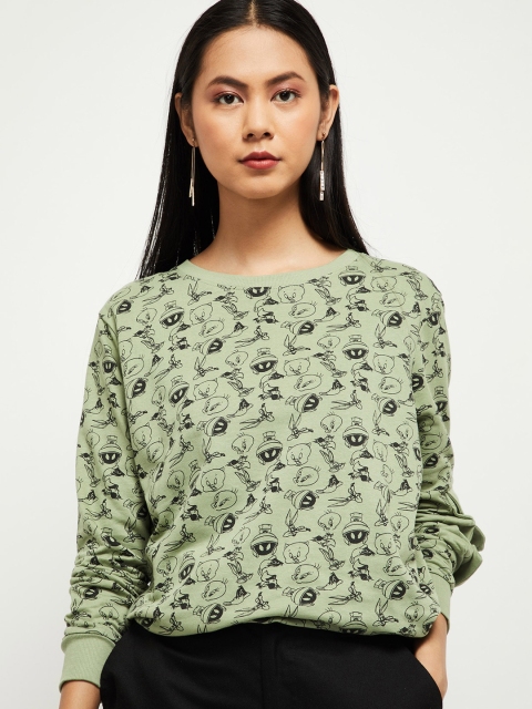 

max Women Green Printed Boat Neck Cotton Pure Cotton T-shirt