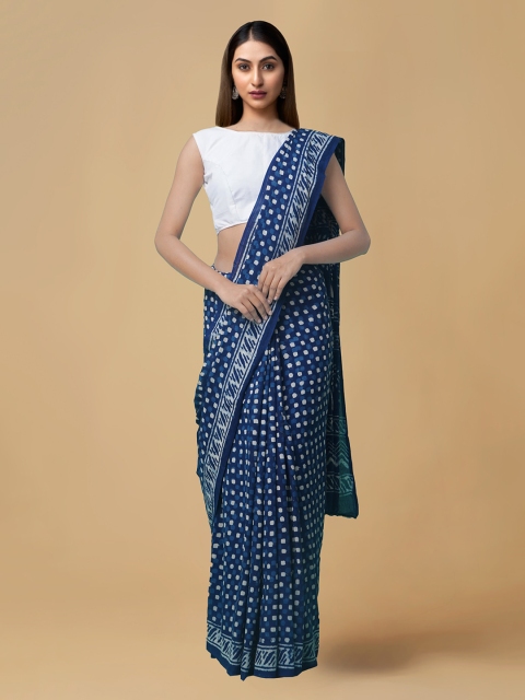 

Unnati Silks Blue Pure Cotton Printed Dabu Saree