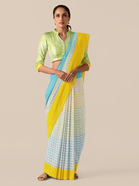 

Taneira Off-White & Yellow Pure Cotton Printed Block Print Saree