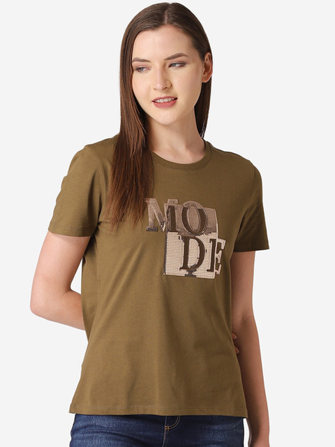 

Mode by Red Tape Women Olive Green & Rose Gold-Coloured Printed Round Neck T-shirt