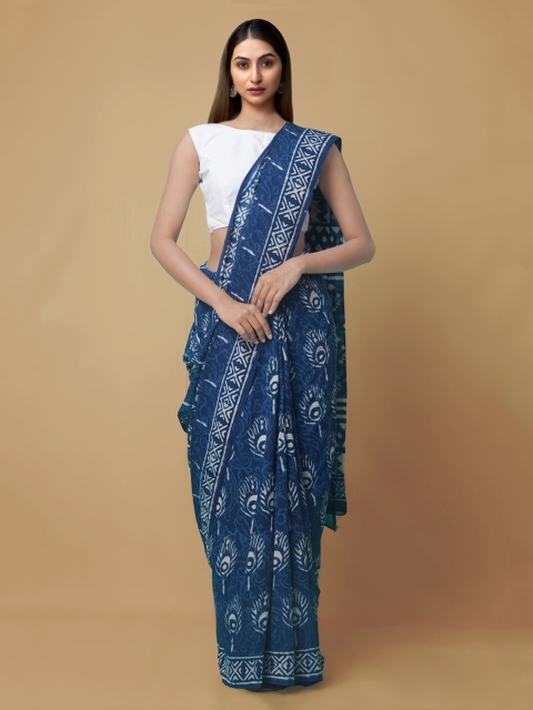 

Unnati Silks Blue Pure Cotton Printed Dabu Saree