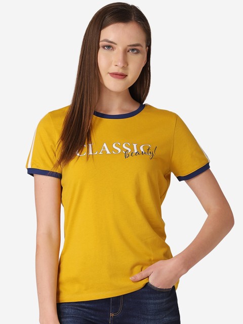 

Mode by Red Tape Women Mustard Yellow Printed Round Neck T-shirt