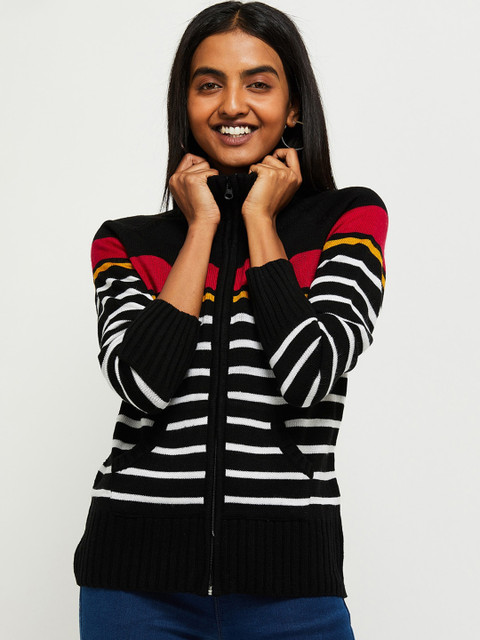 

max Women Black Striped Cardigan Sweater