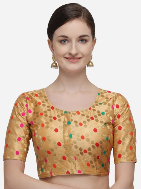 

Fab Dadu Women Gold-Coloured & Red Jacquard Woven Design Readymade Saree Blouse