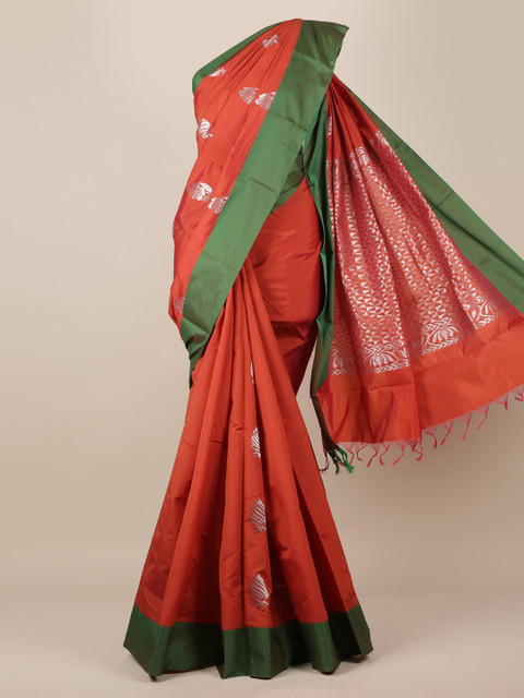 

Pothys Orange & Silver-Toned Silk Cotton Woven Design Saree
