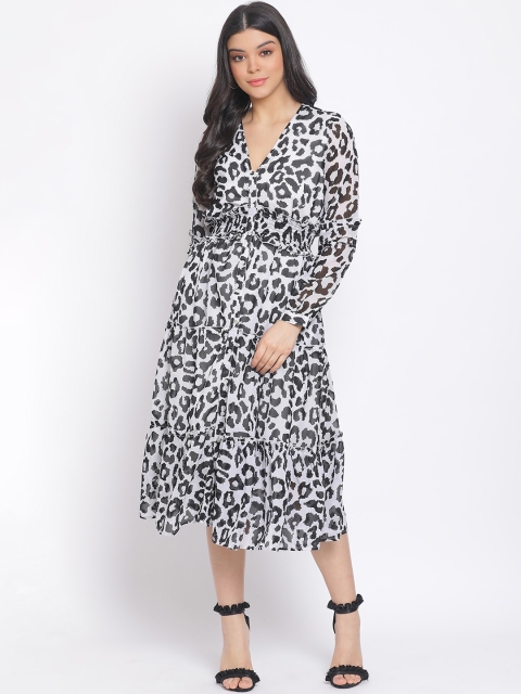 

Oxolloxo Women White Printed Fit and Flare Dress