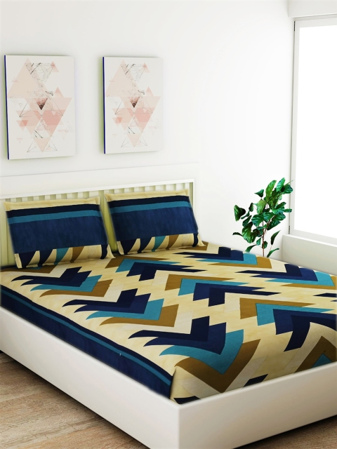 

Salona Bichona Teal & Beige Geometric 120 TC Cotton 1 King Bedsheet with 2 Pillow Covers