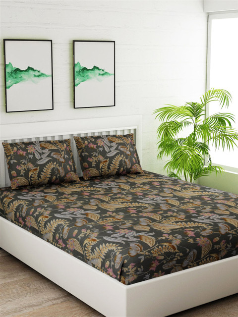 

Salona Bichona Grey & Beige Floral 144 TC Cotton 1 King Bedsheet with 2 Pillow Covers