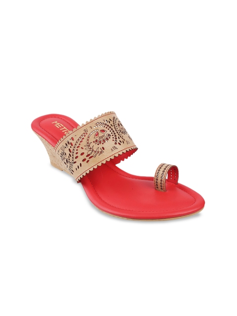 Metro Women Red & Beige Embellished Wedges