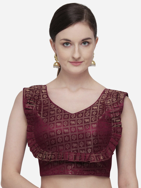 

Fab Dadu Women Maroon & Gold-Coloured Woven Design Jacquard Readymade Saree Blouse