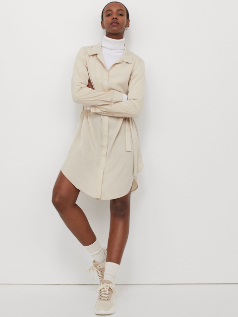 

H&M Women Beige Solid Short Shirt Dress