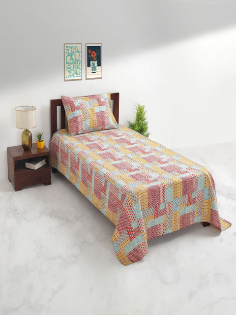 

Chumbak Pink & Green Geometric 200 TC Cotton 1 Single Bedsheet with 1 Pillow Covers