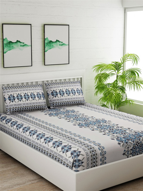 

Salona Bichona White & Teal Ethnic Motifs 144 TC Cotton 1 King Bedsheet with 2 Pillow Covers
