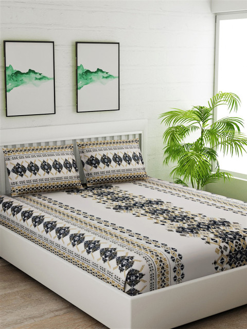 

Salona Bichona Off-White & Beige Ethnic Motifs 144 TC Cotton 1 King Bedsheet with 2 Pillow Covers
