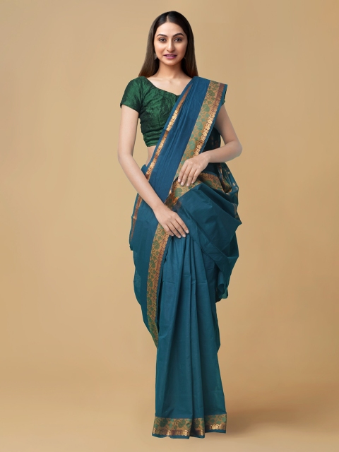 

Unnati Silks Blue Pure Cotton Solid Handloom Venkatgiri Saree, Navy blue