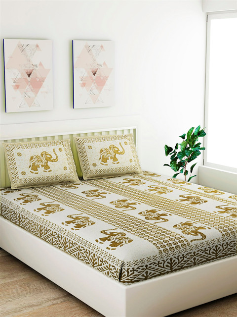

Salona Bichona Cream-Coloured & Olive Green Ethnic Motifs 120 TC Cotton 1 Queen Bedsheet with 2 Pillow Covers