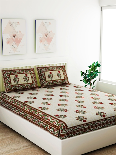 

Salona Bichona Cream-Coloured & Green Ethnic Motifs 120 TC Cotton 1 Queen Bedsheet with 2 Pillow Covers