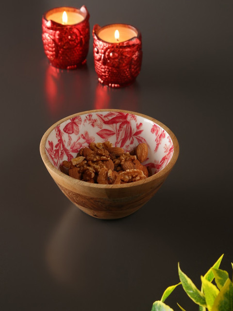 

Amoliconcepts Red & White Sparrow Design Enamelled Sustainable Mango Wood Bowl