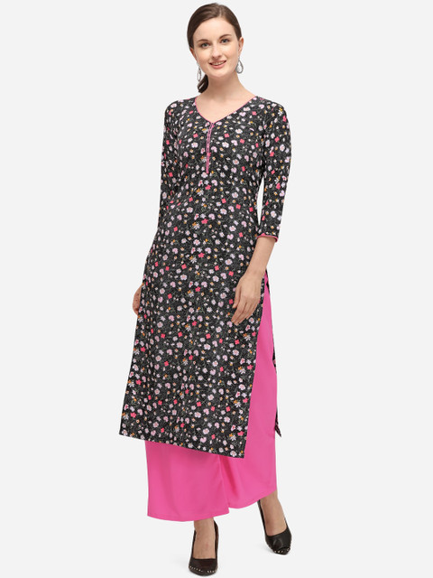 

SAADHVI Women Black & Pink Floral Printed Kurta with Palazzos