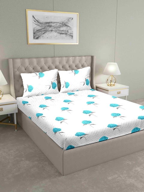 

BELLA CASA White & Blue Floral 160 TC Cotton 1 King Bedsheet with 2 Pillow Covers
