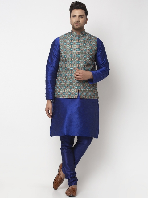 

Benstoke Men Blue Solid Kurta with Churidar & Nehru Jacket