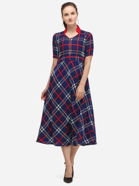 

SAADHVI Women Navy Blue & White Checked A-Line Dress