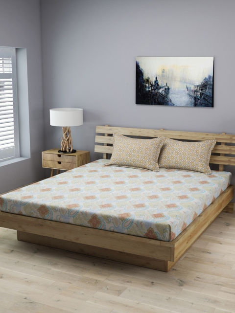 

ROMEE Off-White & Beige Ethnic Motifs 210 TC Cotton 1 King Bedsheet with 2 Pillow Covers