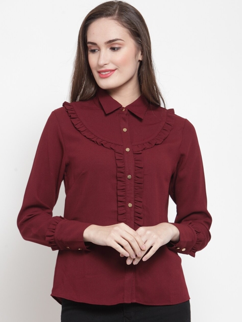 

armure Women Maroon Ruffled Solid Casual Shirt