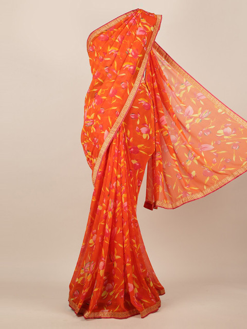 

Pothys Orange Printed Poly Chiffon Saree
