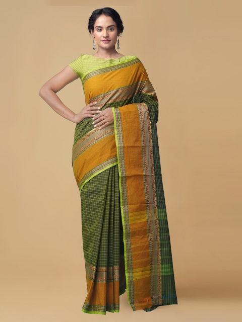 

Unnati Silks Green Pure Cotton Checked Chettinad Saree