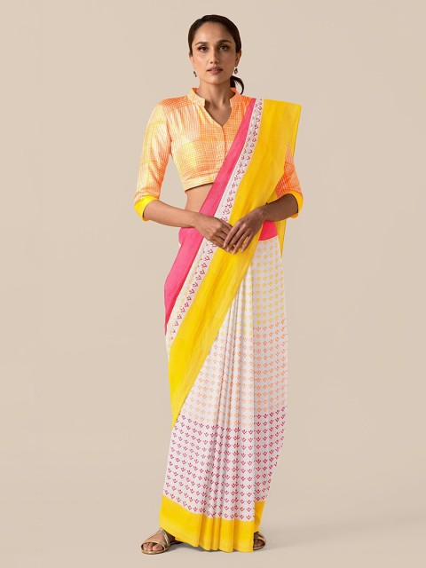 

Taneira White & Yellow Pure Cotton Printed Block Print Saree