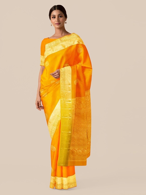 

Taneira Yellow & Gold-Toned Pure Silk Woven Design Kanjeevaram Saree