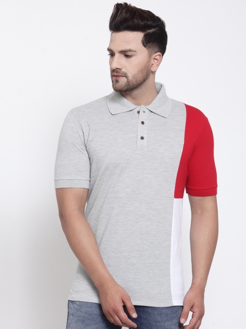 Kalt Men Grey Melange Colourblocked Polo Collar T-shirt