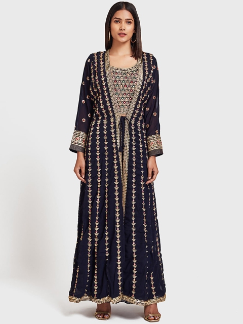 

Neerus Women Navy Blue & Pink Embellished Top &Trousers with Long Jacket