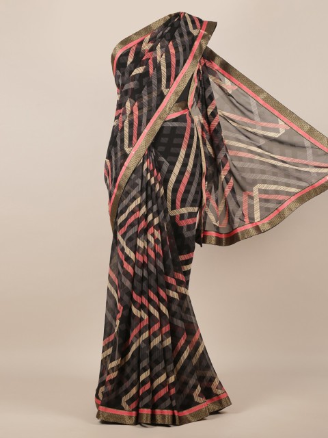 

Pothys Black Striped Printed Poly Chiffon Saree